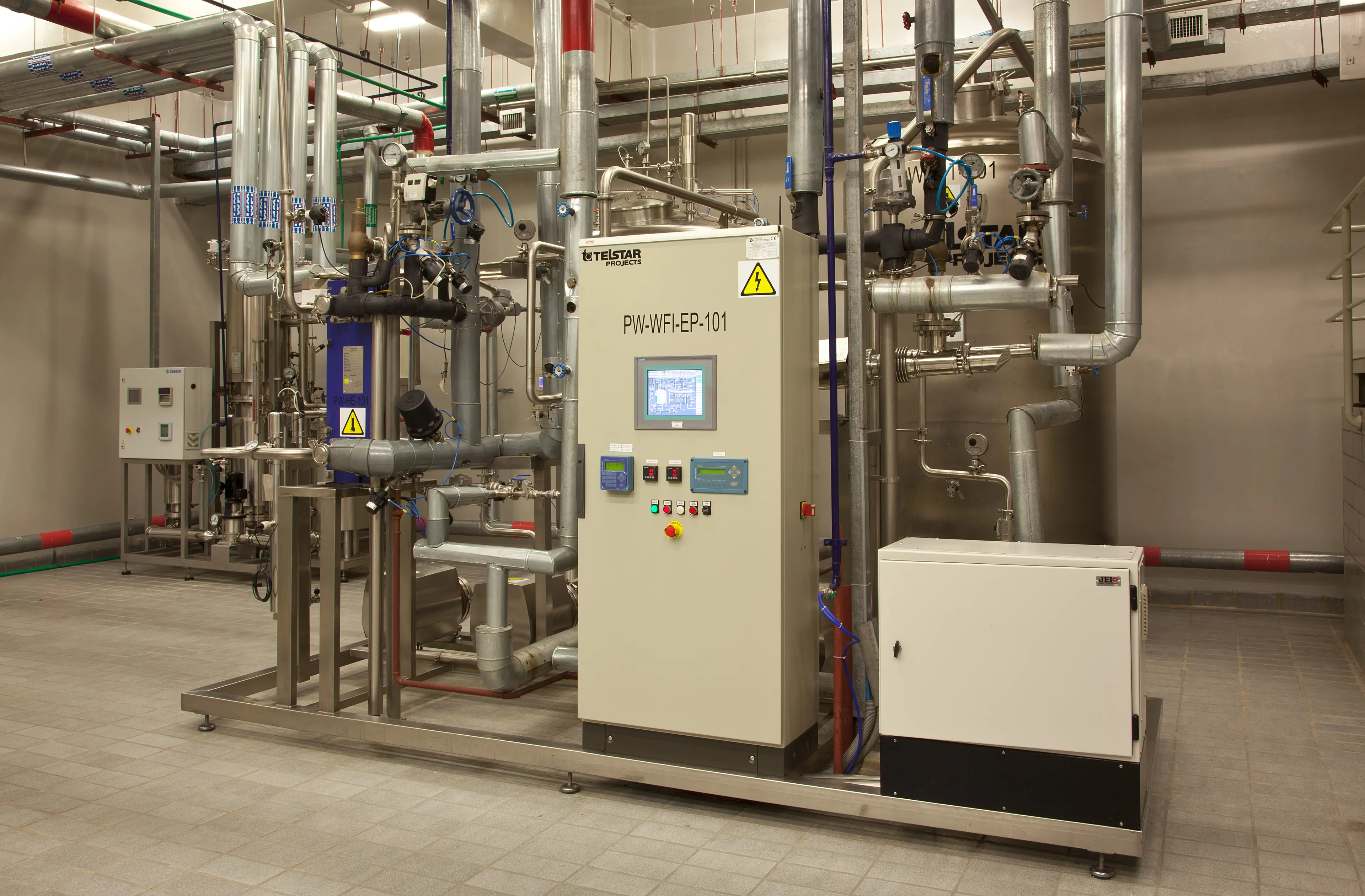 Close-up of a Telstar water-for-injection process skid