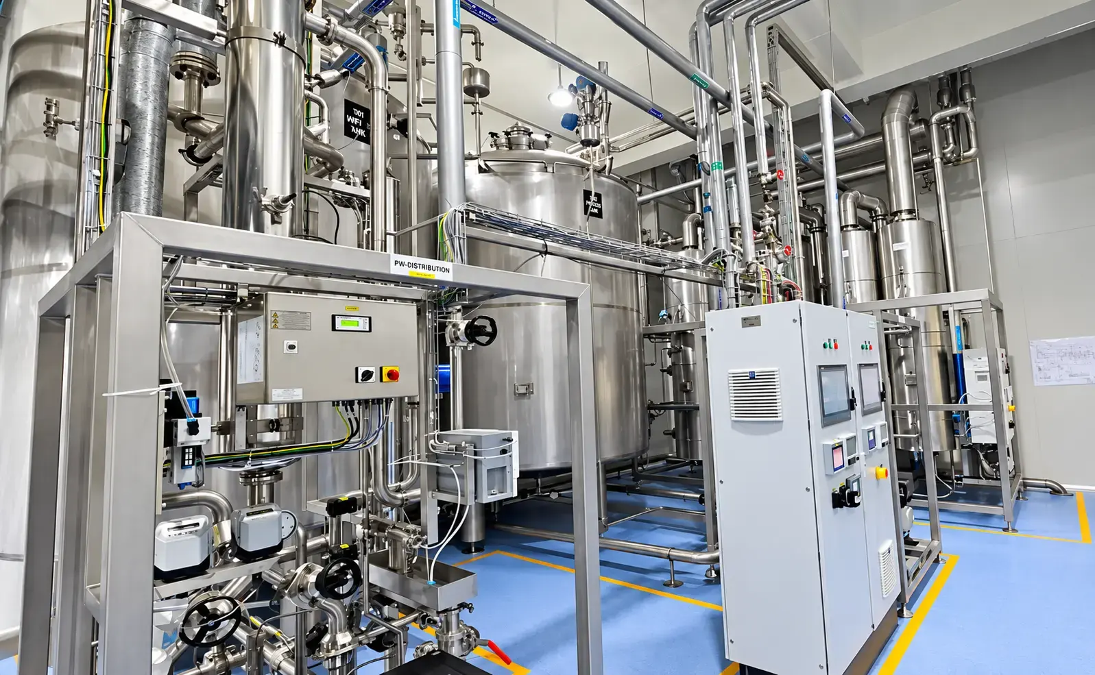 Stainless-steel mixing tanks and control cabinets in a clean production area