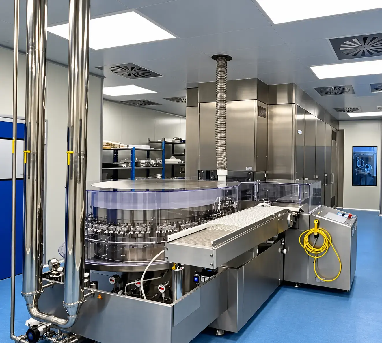 Rotary vial processing machine in a classified manufacturing room